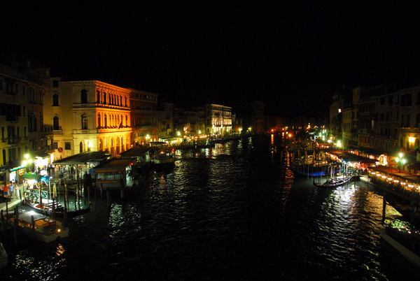 View SW of the Grand Canal at night from the Rialto Bridge