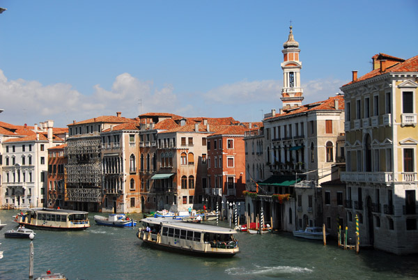 Looking northwest from the Rialto Bridge along the left bank of the Grand Canal with the Campanile of Santi Apostoli