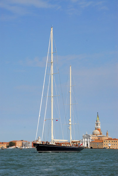 A large sailboat on Canale della Giudecca in front of San Giorgio Maggiore