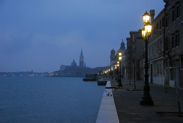 Fondamenta Zitelle on Giudecca at first night with San Giorgio Maggiore