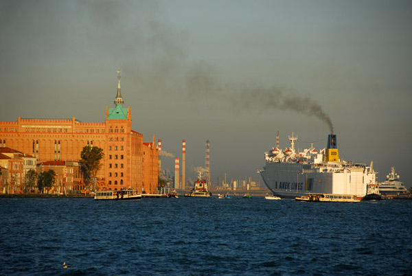 Greek ferry on the Canalle dell Giudecca with the Molino Stucky, Venice