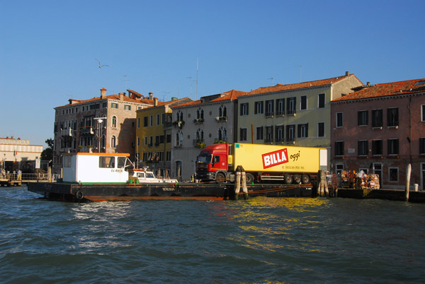 Venice is truly a maritime city and everything must be delivered by water, here a truck on a barge pulled up to a Fondamente