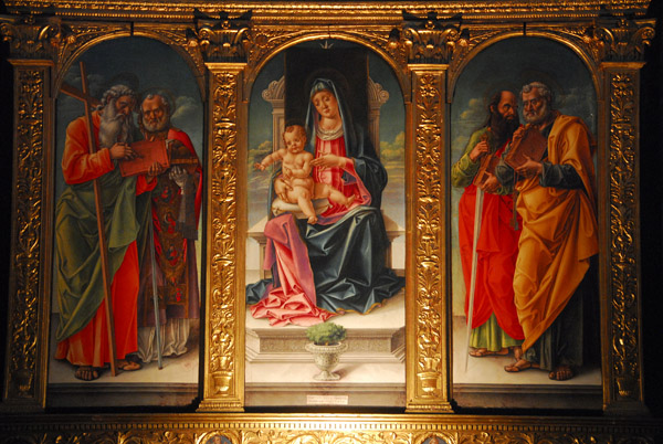 La Madonna in trono col Bambino e santi Andrea, Nicola da Pari, Paolo e Pietro by Bartolomeo Vivarini, 1482, Cappella Bernardo