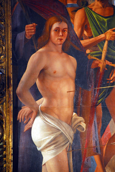 Detail of St. Sebastian from the Milanese Chapel painting by Alvise Vivarini, i Frarr