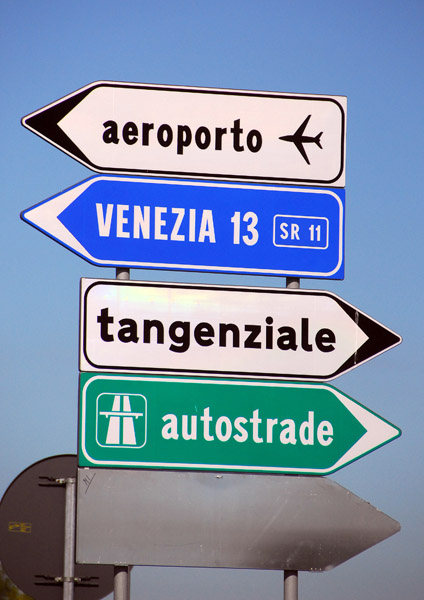 Italian road signs for Venice (Venezia), Aeroporto, Autostrade and Tangenziale