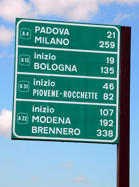 Italian autostrade distance sign, Veneto