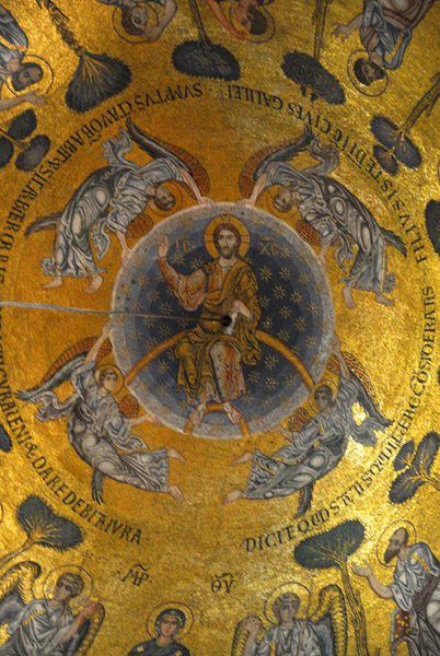 San Marco Mosaics - The Ascension Cupola, Christ seated on a rainbow drawn to Heaven by 4 angels