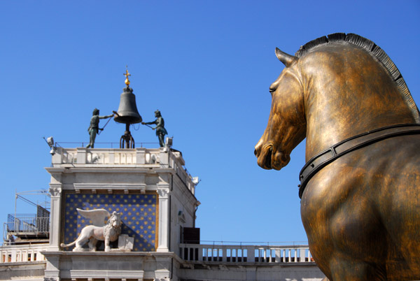 View from the terrace of St. Mark's of the Clock Tower of St. Mark's with one of the four bronze Greek horses (replica)