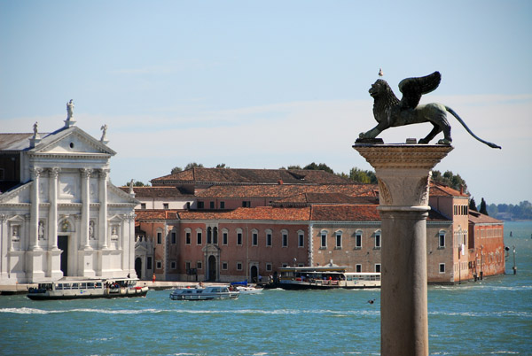 The column of St. Mark with the white faade of San Giorgio Maggiore across the Bacino di San Marco