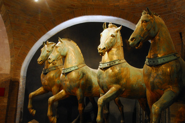 The original 4th C. BC Greek bronze horses, the Triumphal Quadriga, displayed on the upper gallery of St. Mark's Basilica