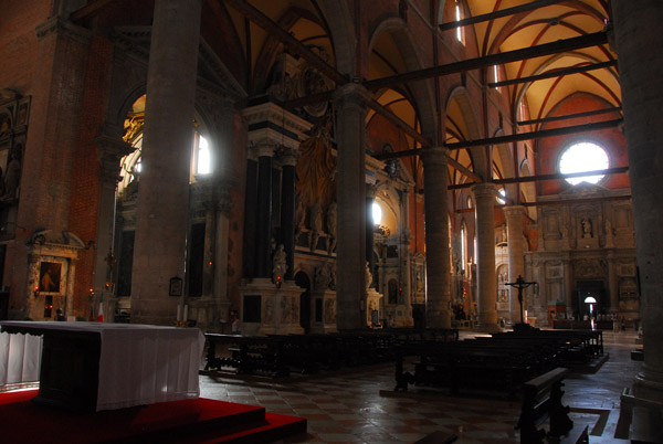 Interior of San Zanipolo looking back at the main entrance from next to the high altar, Venice