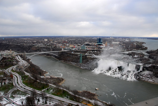 View of the American Falls, Niagara Falls NY and Rainbow Bridge from Skylon Tower