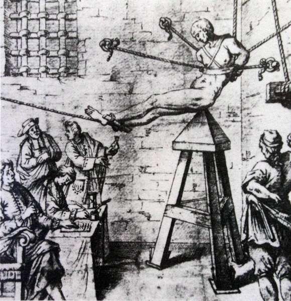 La culla di Giuda, 17th C. engraving of a torture chamber