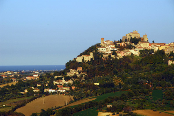 The hilltop town and castle of Verucchio with the distant Adriatic