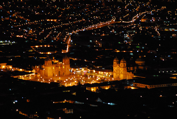 Night view of Cusco's Plaza de Armas from the main road from Abancay