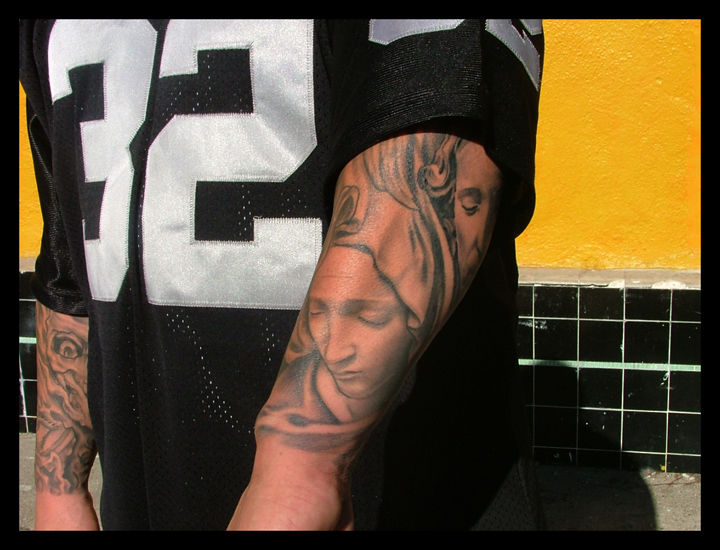 Virgin Tattoo on a guys arm in Atwater.