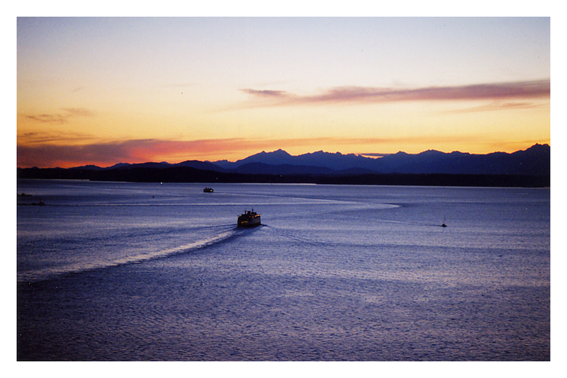 Sunset Over Elliot Bay and the Olympic Mountains as Ferry Departs