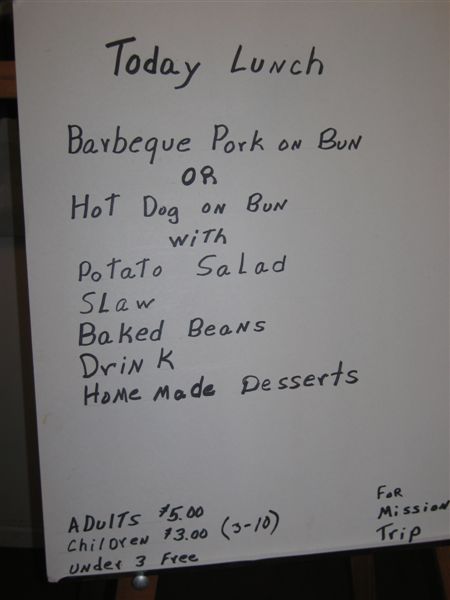 menu, bbq pork sandwich, hot dog, potato salad, slaw, baked beans, drinks, home made deserts