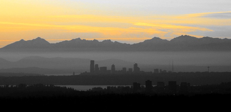 Sunset over Olympic and Seattle