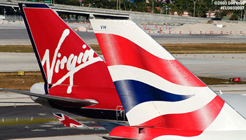 British B747-436 G-CIVH and Virgin Atlantic B747-443 G-VGAL tails airliner aviation stock photo #2934