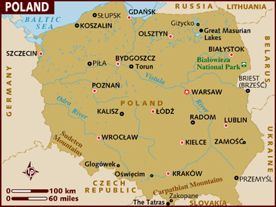 Map of Poland with star indicating Warsaw.