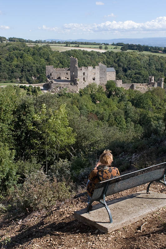 Mary looking at the ruins at Saissac