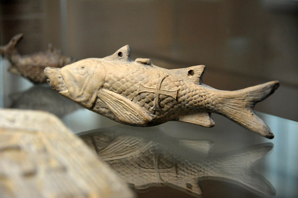 Hanging lamp in the shape of a fish, 5th Century Roman terracotta