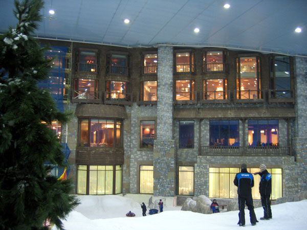 Restaurants of Mall of the Emirates and Kempinski Hotel overlooking the base of Ski Dubai