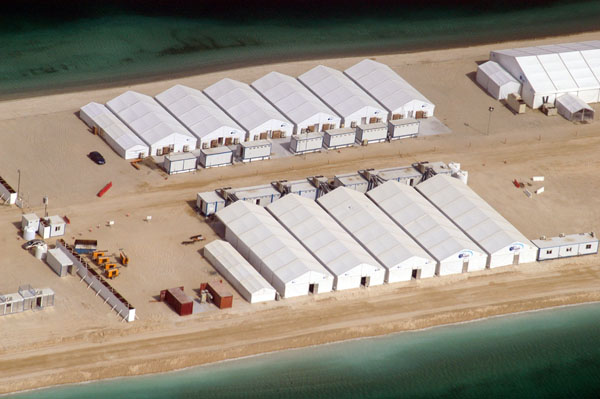Close up of accomodation tents and ablution blocks at the Palm Jumeirah's worker camp