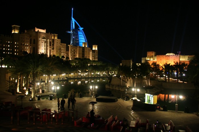 Burj Arab and Madinat Jumeirah at night Dubai UAE