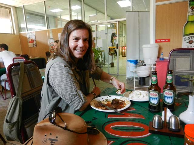 Enjoying nshima at Livingston airport