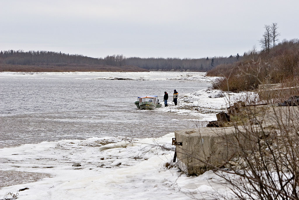 Taxi boats along shore in Moosonee November 24, 2006