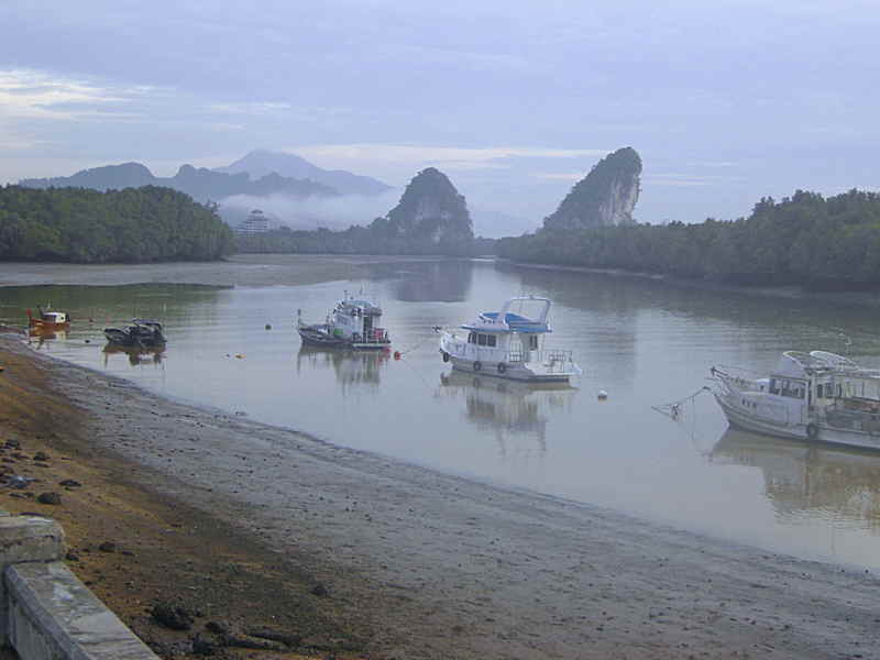 View up river to the limestone cliffs at Krabi