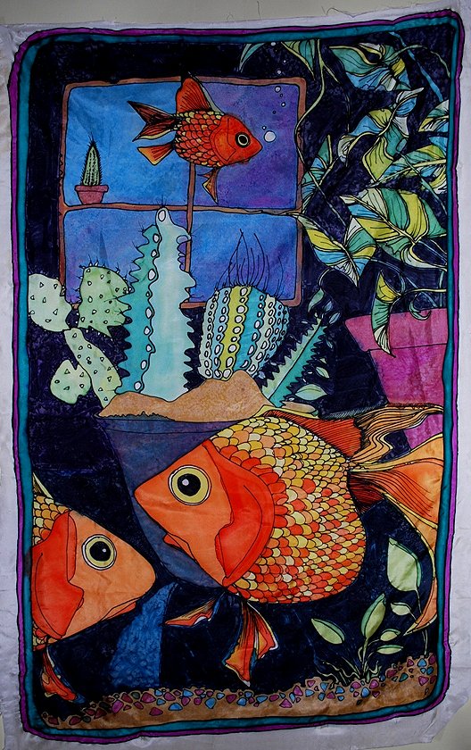 Goldfish Tank View, Silk And Ink Dye