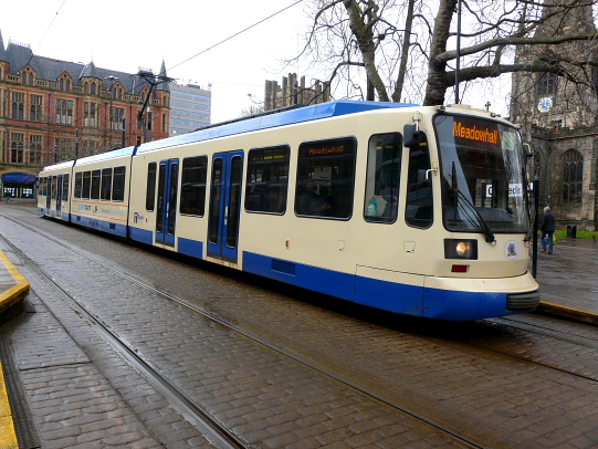 120 (2011) Siemens-Duewag Supertram Sheffield Corporation Cream & Blue Commemorative Livery @ Cathedral