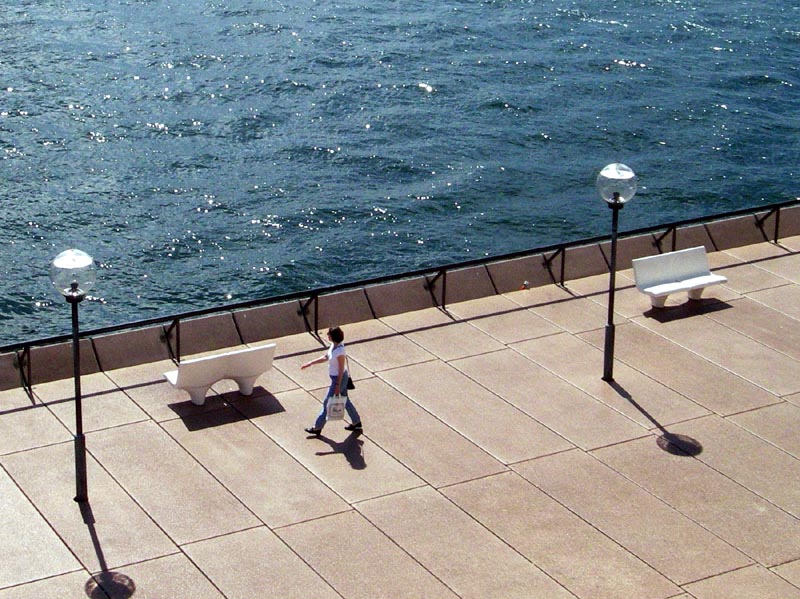Pedestrian, with shadows and waves