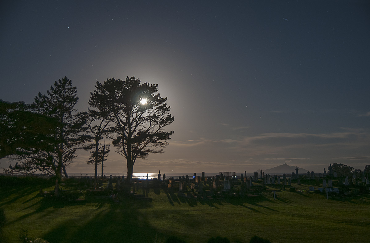 a 20 second exposure looking over the Waipu Cemetary with the rising moon behind the tree
