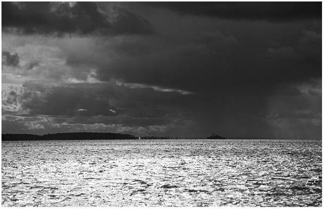 Warship in the rain.