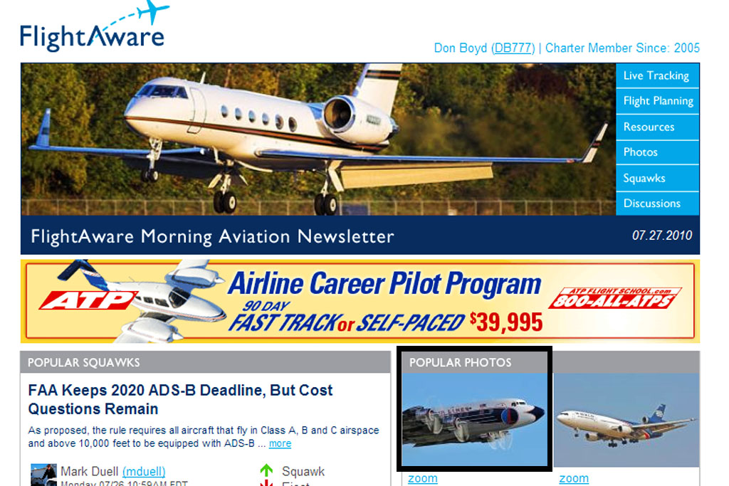 2010 - HFF restored Eastern Air Lines DC-7B N836D on front page of FlightAwares daily newsletter