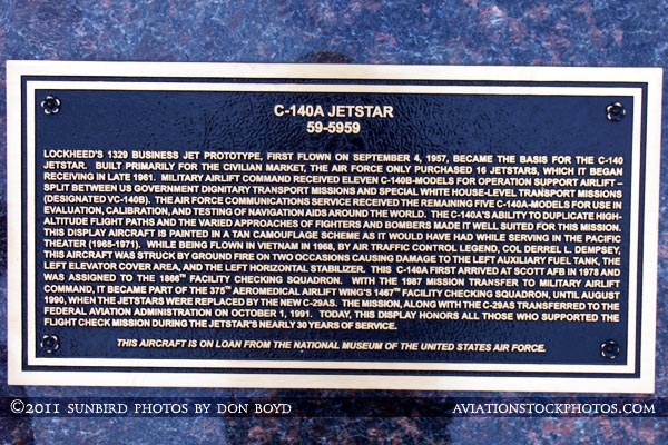 Plaque for the USAF Lockheed C-140A Jetstar #59-5959 on display at Scott Field Heritage Air Park