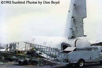 1992 - Zuliana DC8-54(F) YV-460C (ex CF-TJL) damaged by Hurricane Andrew wind forces airline stock photo