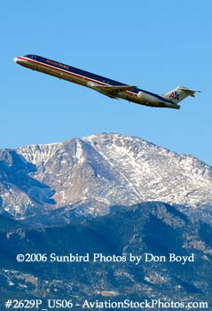 American Airlines MD-82 N408AA with Pike's Peak in the background airline aviation stock photo #2629P