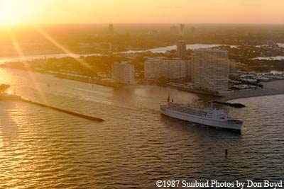 1987 - View of cruise liner leaving Port Everglades Inlet from USCG HU-25 Falcon