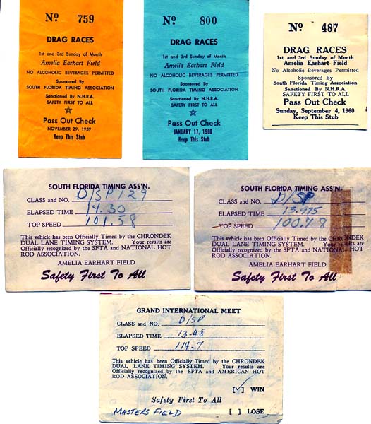 1959 & 1960 - George W. Youngs Drag Racing Timing Slips for Amelia Earhart Field and Masters Field, Miami
