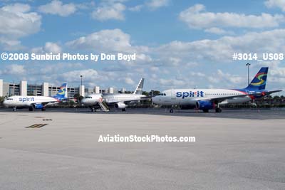 2008 - Three Spirit A319s at Ft. Lauderdale-Hollywood International Airport airline aviation stock photo #3014