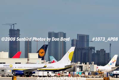 2008 - numerous airline tails at MIA with Brickell Avenue condos in the background aviation stock photo #1073