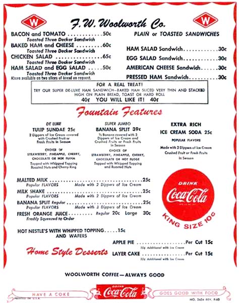 1960s - F. W. Woolworth Co. luncheonette menu