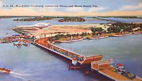 1940s - postcard aerial view of MacArthur Causeway and Watson Island