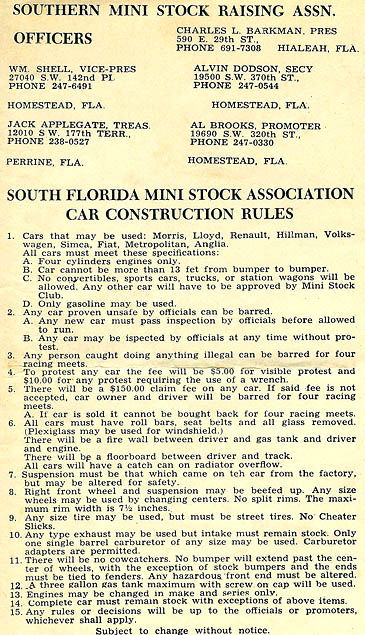 1960s - Southern Mini Stock Racing Association officers and rules