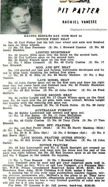 1966 - Rachiel Vanesses Pit Patter column from page 3 of the Hollywood Speedway program